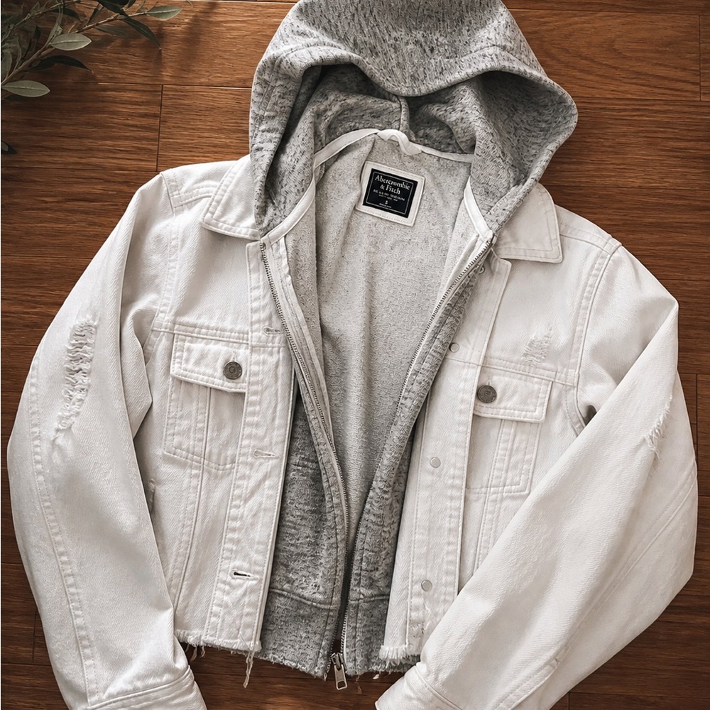Abercrombie & Fitch Cropped Denim Jacket w/ Hoodie Layer | Distressed Style